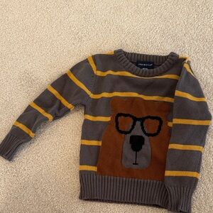 Andy & Evan Gray Sweater with Mustard Stripes and Bear Motif